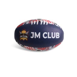 A size 5 training football in navy blue featuring a logo and vibrant red and white patterns.