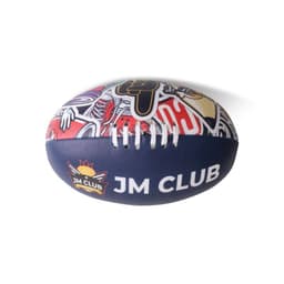 A size 5 training footy ball featuring a vibrant multicoloured design and a blue base with a logo.
