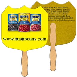 A cardboard fan with a wooden handle featuring a bright yellow design and various bean product images.