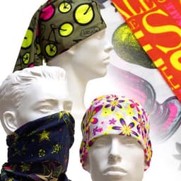 Multi-functional headwear in various colours and patterns, including floral, geometric, and bicycle designs, featuring a logo.