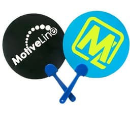 A pair of round hand fans featuring a black side with a logo and a blue side with a logo, both with blue handles.