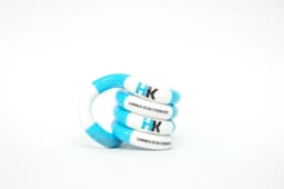 A set of four rubber bands in blue and white, featuring a logo and text.