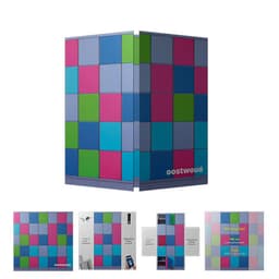 A promotional product featuring a multicoloured square design with blue, pink, green, and purple squares, including a logo.