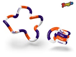 A Tangle toy in custom colours of orange, purple, and white, featuring a branded logo in the design.
