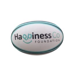 A size 5 training rugby ball in white with teal accents and a logo on the surface.