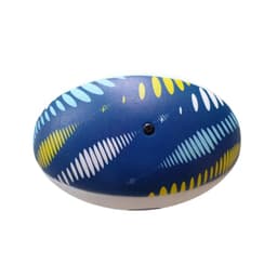 A size 5 training rugby ball featuring a blue and yellow design with abstract patterns and a small black dot.