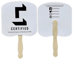 A cardboard fan with a white surface and a wooden handle, featuring a logo and social media handles.