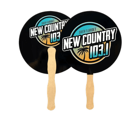 A black cardboard fan with a wooden handle featuring a logo. The fan has a round shape and a colourful design.