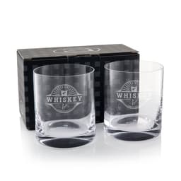 Two clear glass whisky tumblers packaged in a black box featuring a logo.