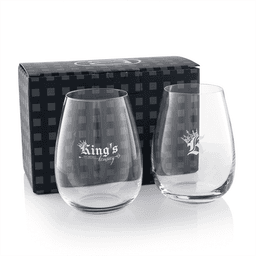 A twin pack of stemless wine glasses, clear glass with a black patterned box and a logo on each glass.
