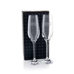 A twin pack of clear champagne flutes in a black box, featuring elegant stemware design and branding.