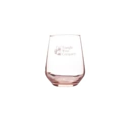 A glass tumbler in a light pink hue with a logo on the side. Ideal for beverages.