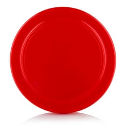 A red Frisbee with a smooth surface and a slight lip around the edge, featuring a logo in the centre.