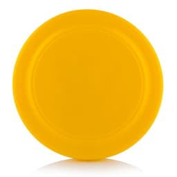 A yellow frisbee with a circular shape, featuring a smooth surface and an embossed logo.