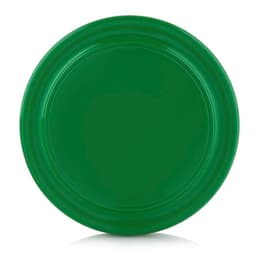 A green Frisbee with a smooth surface and slight rim detailing, featuring a logo in the centre.