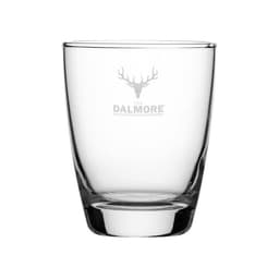 A glass tumbler featuring a clear design and a logo at the base. Ideal for serving beverages.