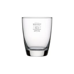 A glass tumbler in clear glass with a logo, featuring a classic design suitable for whisky.