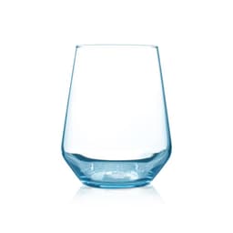 A glass tumbler in a translucent light blue colour, featuring a modern, rounded design and a flat base.
