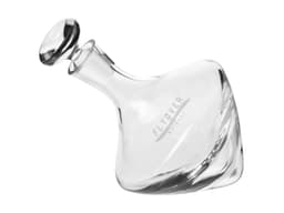 A drink bottle with a unique twisted design, made of clear glass and featuring a round stopper.