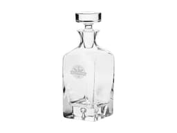 A drink bottle featuring a clear glass design, with a square base and a round stopper. Includes a branding logo.