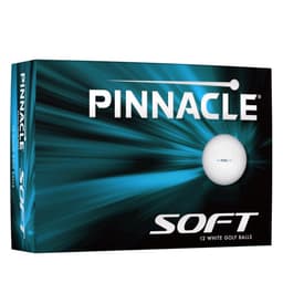 A boxed set of 12 white golf balls named "Pinnacle Soft," featuring a logo on the packaging.