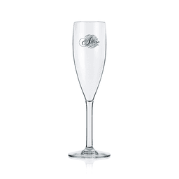A drink bottle featuring a clear plastic flute design with a logo on its side.