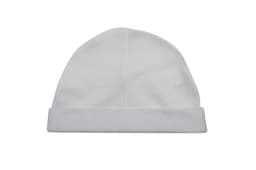A white baby cap with a folded cuff, featuring a smooth texture and simple design. It has a logo on the side.