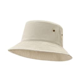 A beige bucket hat made from 280gsm 100% cotton drill, featuring a logo and a structured brim.