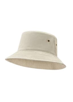 A beige bucket hat made from 280gsm 100% cotton drill with a branding logo and a textured finish.