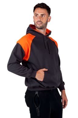 A men's hoodie featuring contrast panels in orange and grey, designed with a front pocket and a hood.