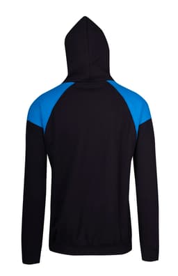 A men's hoodie featuring a black body with blue contrast panels and a hood. It has a branding logo.