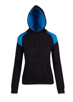 A black hoodie with a blue contrast panel and a hood, featuring a logo on the front.