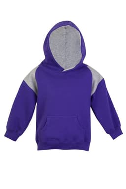 A purple hoodie featuring grey contrast panels on the shoulders, with a front pocket and a drawstring hood.