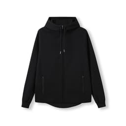 A black soft cotton and bonded polar fleece hoodie with a front zip and a hood. It features a logo.