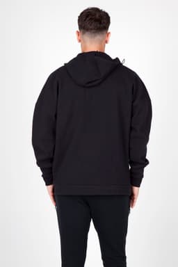 A black men's hoodie with a hood and a relaxed fit, featuring a logo on the back.