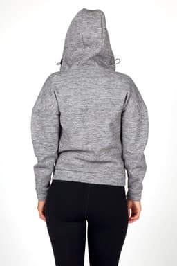 A grey women's juniors' hoodie featuring a drawstring hood and a fitted design, viewed from the back.