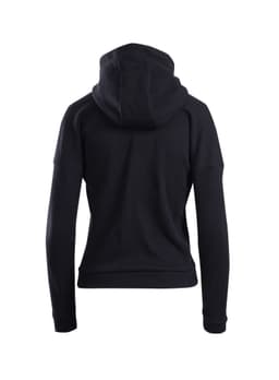 A women's/juniors' black SPACE hoodie featuring a hood and long sleeves, with a branding logo on the back.