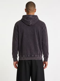 A men's stone wash fleece hoodie in a dark grey colour, featuring a hood and a relaxed fit.
