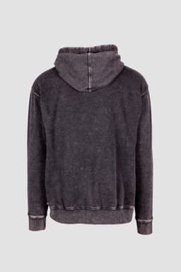 A men's stone wash fleece hoodie in a faded black colour, featuring a hood and stitched detailing on the back.