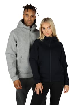 A grey men's hoodie and a navy women's hoodie with a logo, worn by a man and a woman.