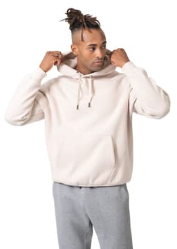 A men's cotton care kangaroo hoodie in cream, featuring a front pocket and adjustable drawstring hood.