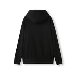 A black men's cotton hoodie with a kangaroo pocket and a hood, featuring a plain design and a logo.