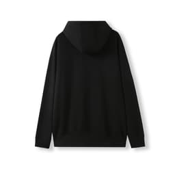A black men's cotton hoodie featuring a kangaroo pocket and zipper, with a simple design and a logo.