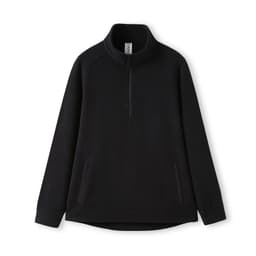 A black polar fleece half zip top featuring a high collar and two side pockets. Includes a branding logo.