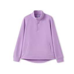 A lilac women's polar fleece half zip top with long sleeves and a high collar. It features a branding logo.