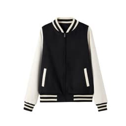 A black and cream wool blend varsity jacket with a zip front, ribbed collar, and striped cuffs. It features side pockets and a logo.