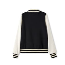 A black and cream varsity jacket with a wool blend soft shell, featuring a striped ribbed collar and cuffs.