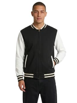 A men's unisex wool blend varsity jacket featuring black and white colours, with a logo on the chest and striped cuffs.