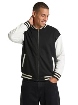 A men's unisex wool blend soft shell varsity jacket in black and white with striped cuffs and pockets.