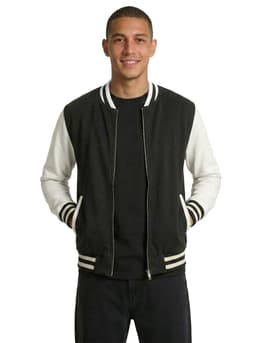 A men's wool blend soft shell varsity jacket in black and cream, featuring striped cuffs and a zipper, with pockets.